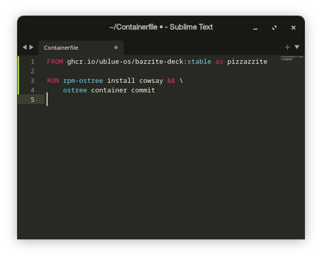 Sublime screenshot showing a Bazzite Containerfile
